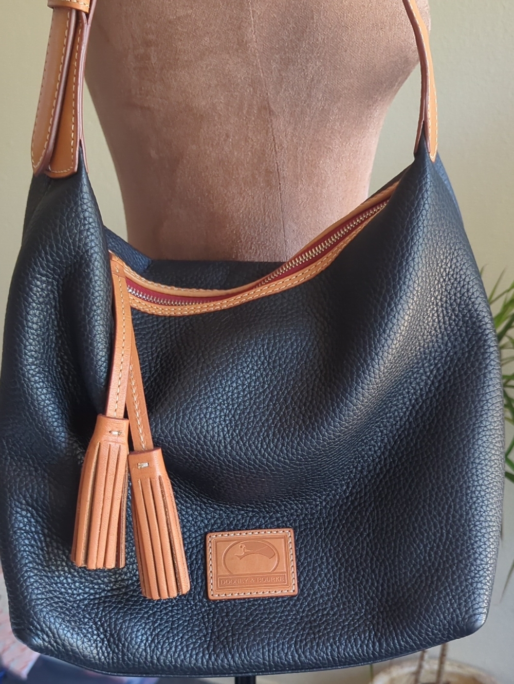 Dooney & Bourke Black Leather Hobo with Tan Trim and Tassels